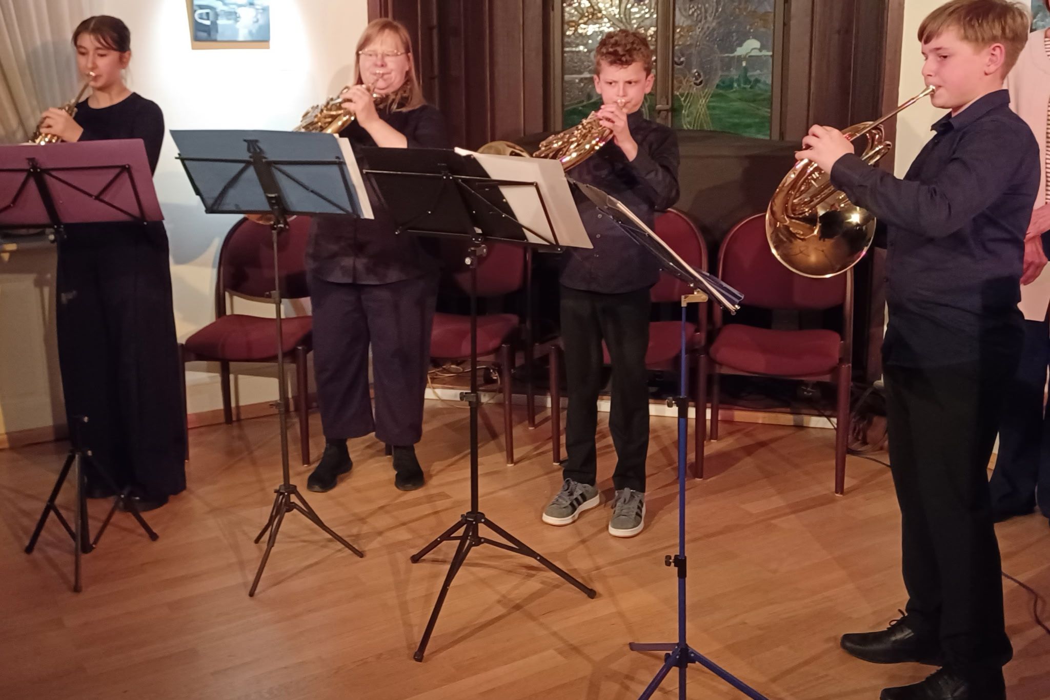 Preisträger beim Landeswettbewerb „Jugend musiziert“. Hornquartett: Emma Norris, Laurance Mahady, Kalle Billinger, Nick Fischer