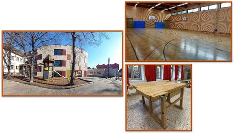 Unser Schulhof, die Sporthalle sowie die Werkstat